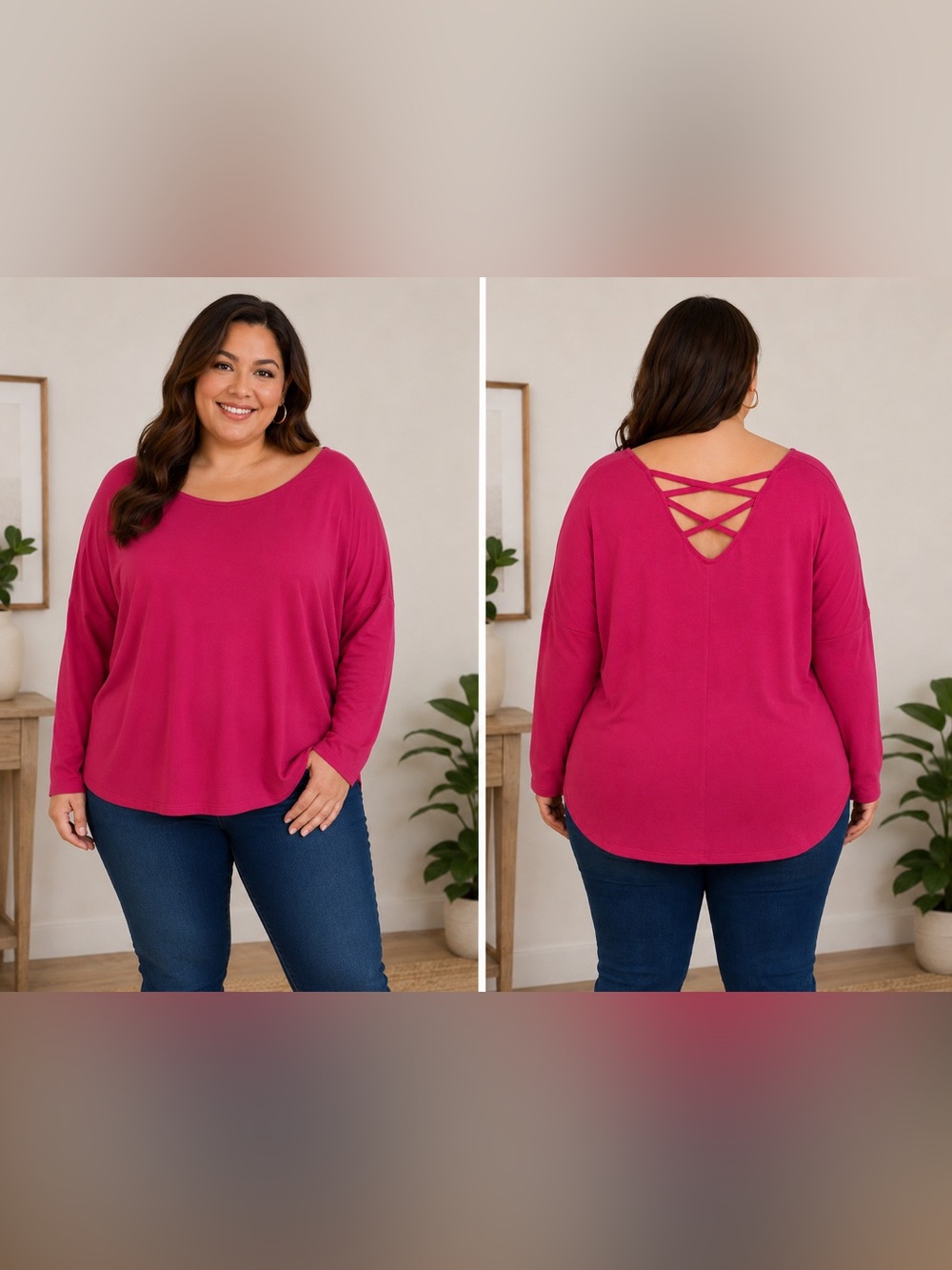 BCX Active 2X Hot Pink Long Sleeve Knit Top | Plus Size